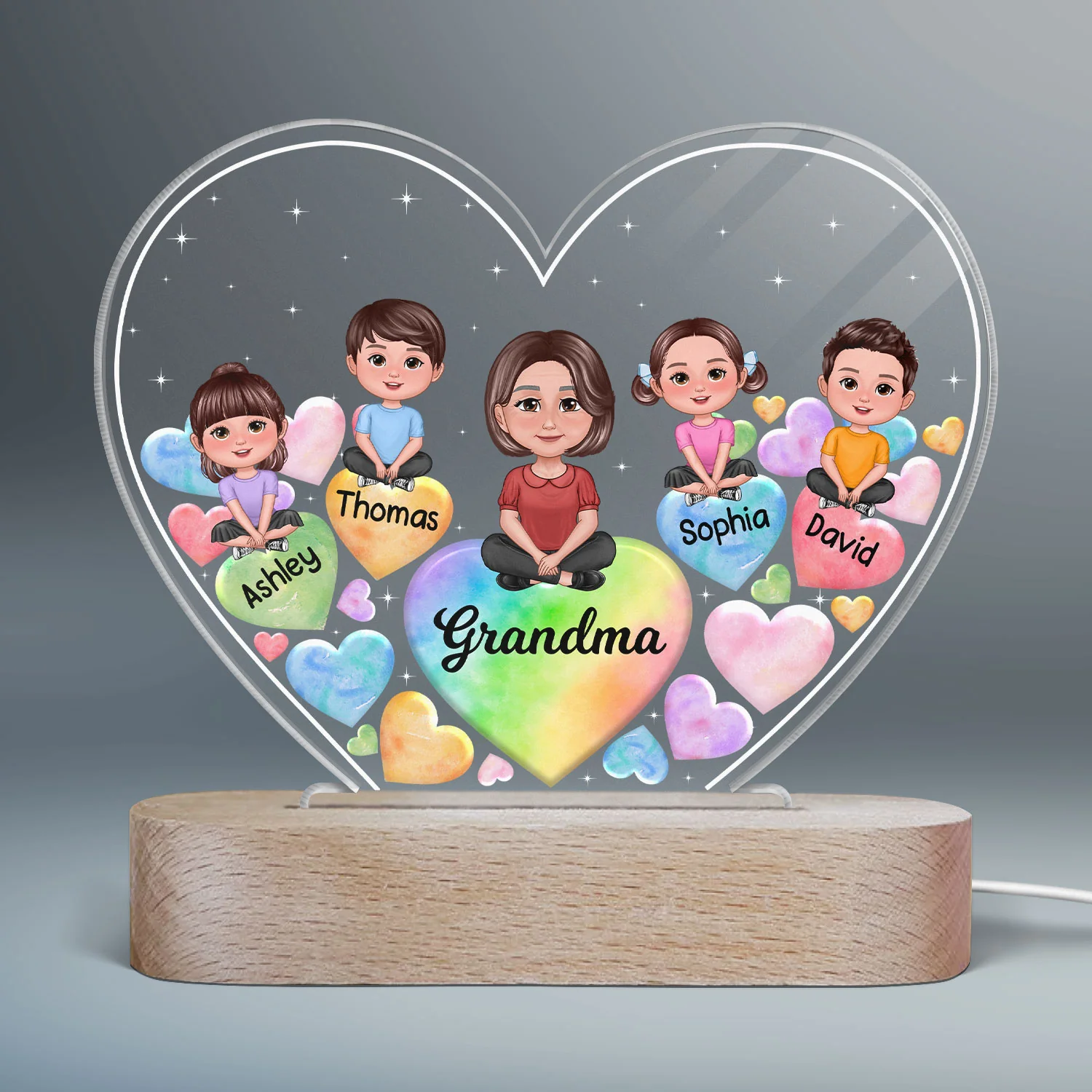 Pretty Doll Grandma Grandkids Hearts In Heart Personalized Heart Acrylic LED Night Light - Image 2