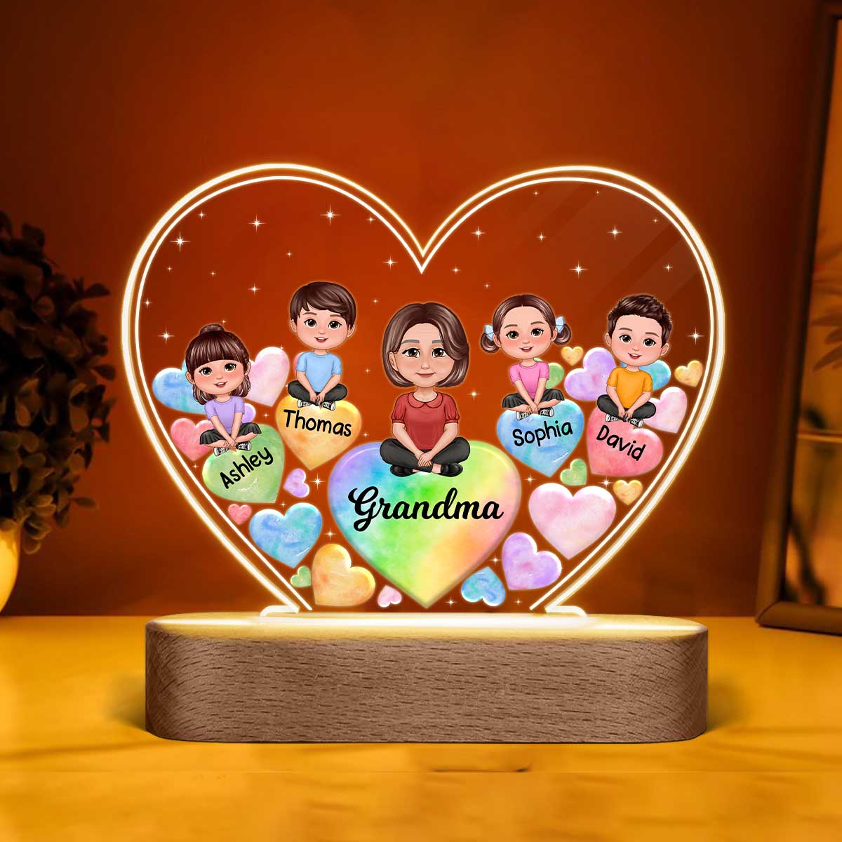 Pretty Doll Grandma Grandkids Hearts In Heart Personalized Heart Acrylic LED Night Light - Image 3