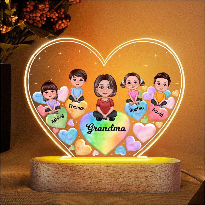 Pretty Doll Grandma Grandkids Hearts In Heart Personalized Heart Acrylic LED Night Light - Image 4