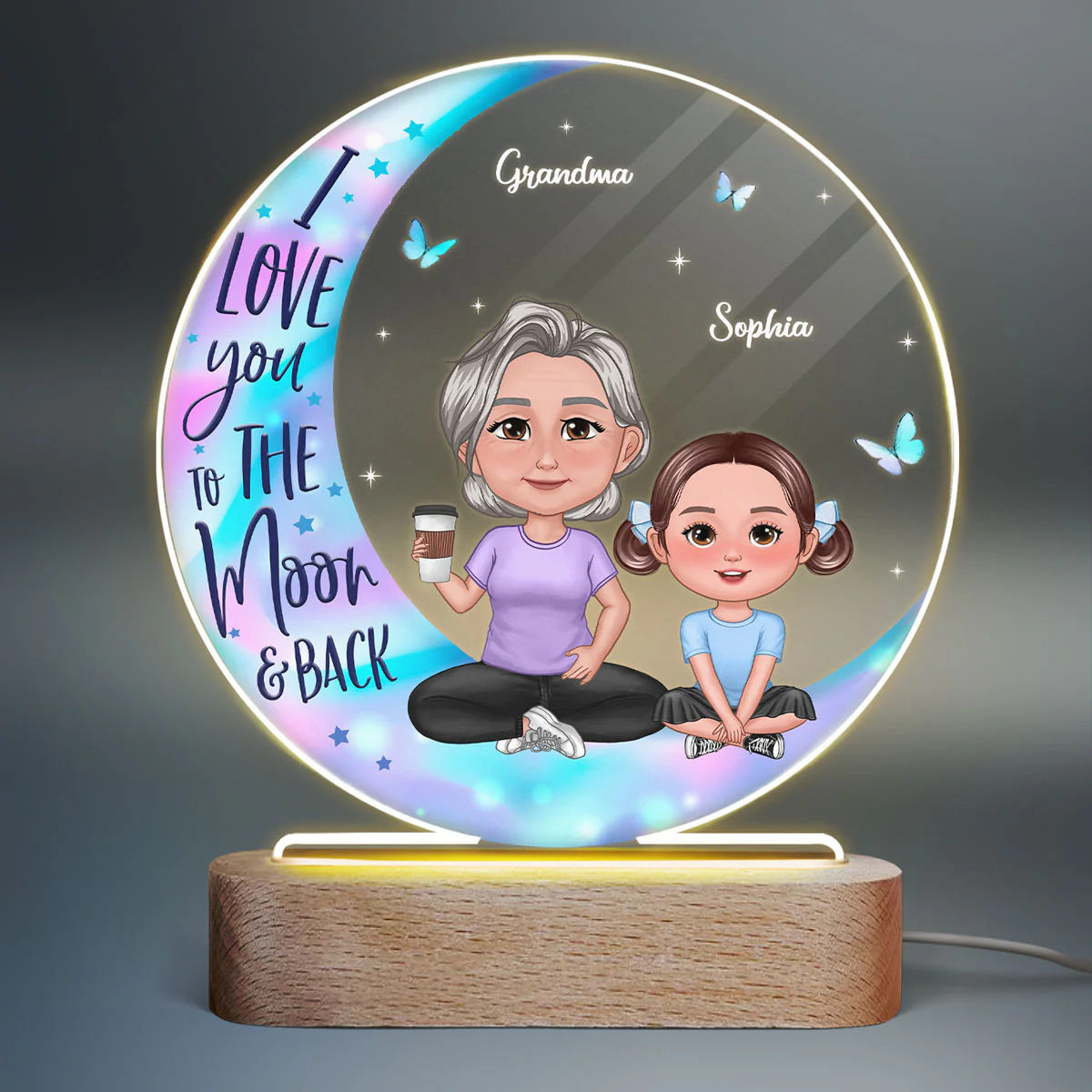 Pretty Doll Grandma Grandkids On Galaxy Moon Personalized Acrylic Circle LED Night Light - Image 2