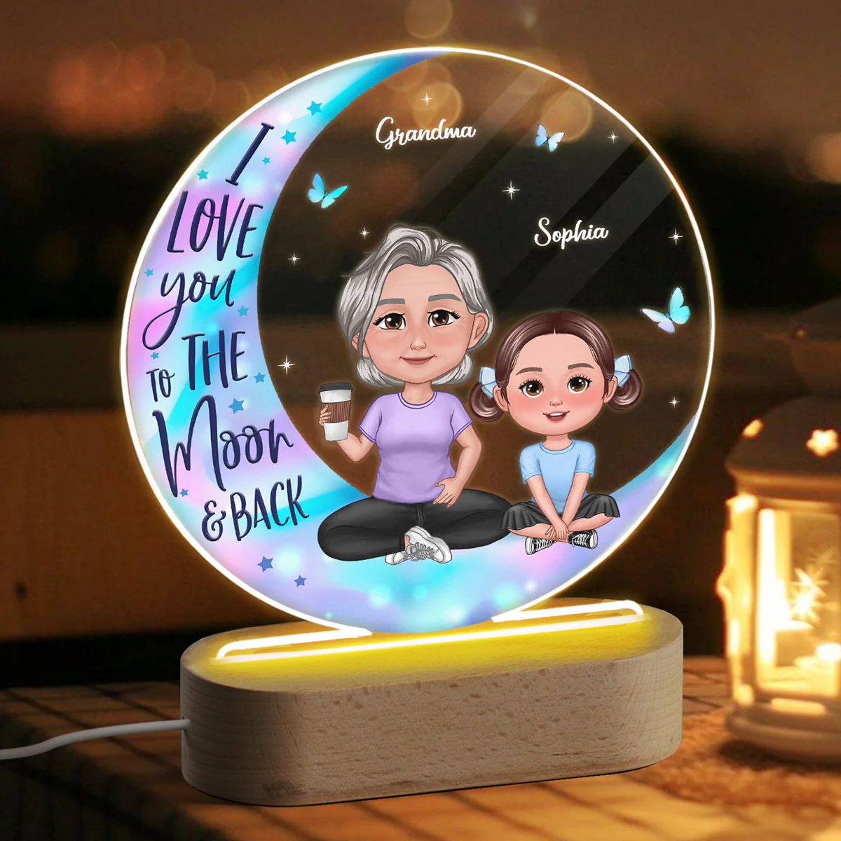 Pretty Doll Grandma Grandkids On Galaxy Moon Personalized Acrylic Circle LED Night Light - Image 3