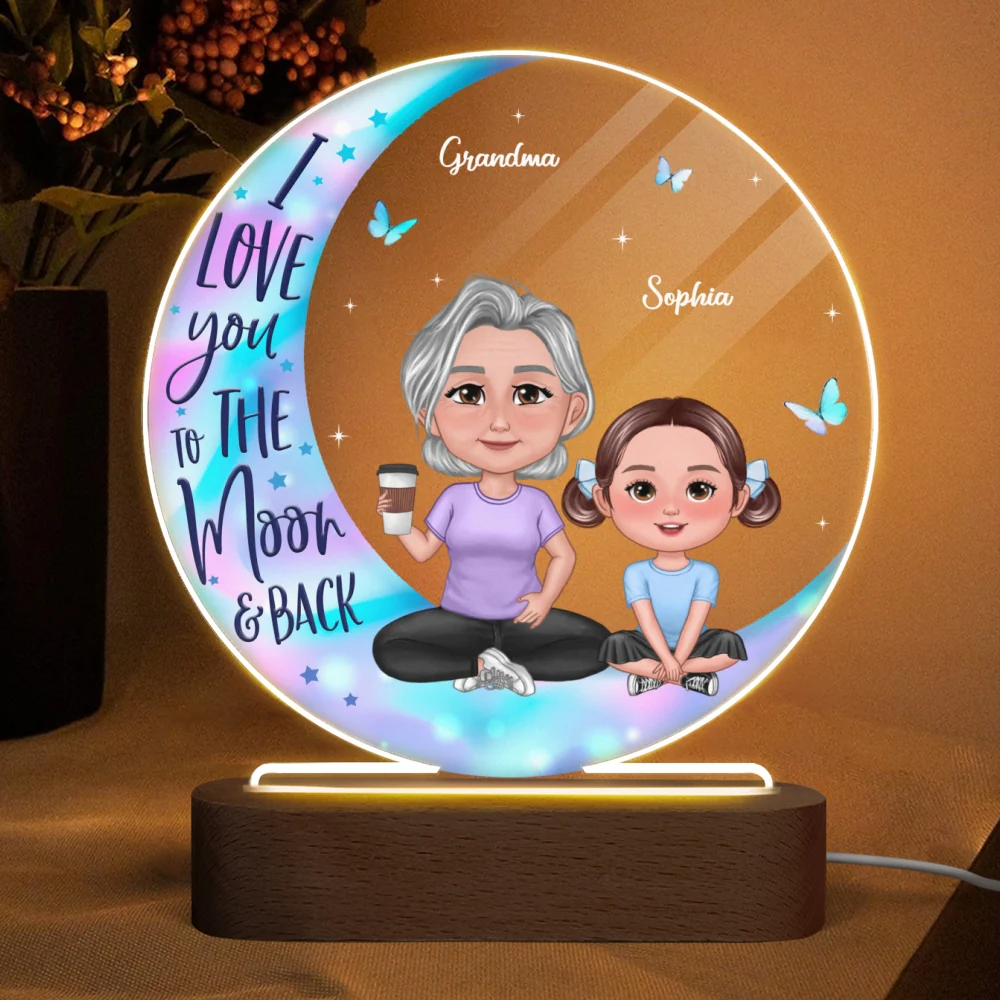 Pretty Doll Grandma Grandkids On Galaxy Moon Personalized Acrylic Circle LED Night Light - Image 4