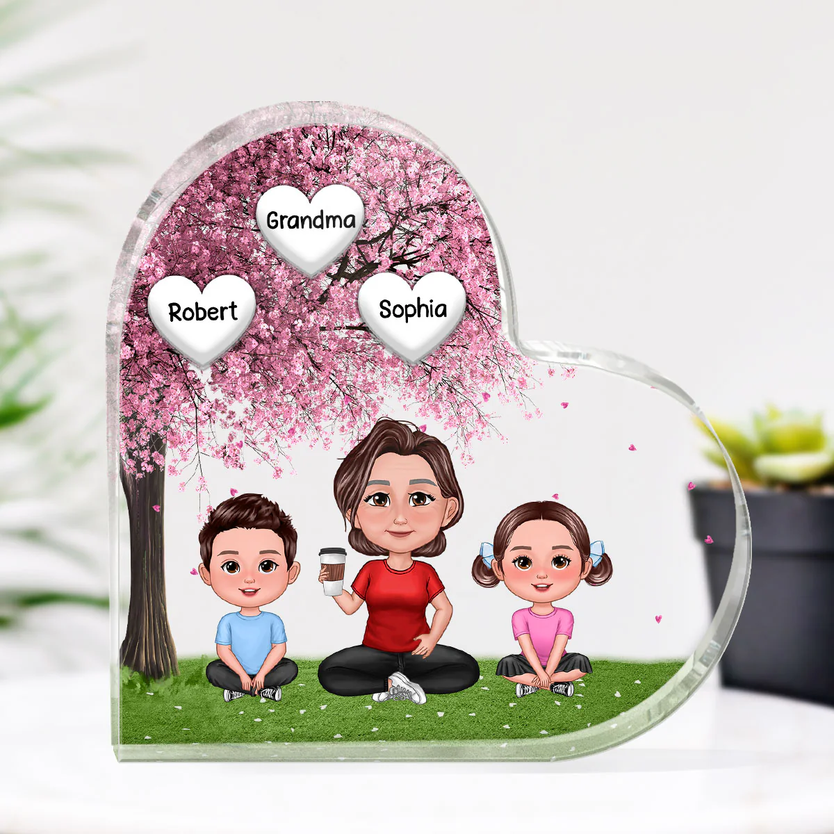 Pretty Doll Grandma Grandkids Under Blossom Tree Personalized Acrylic Heart Plaque