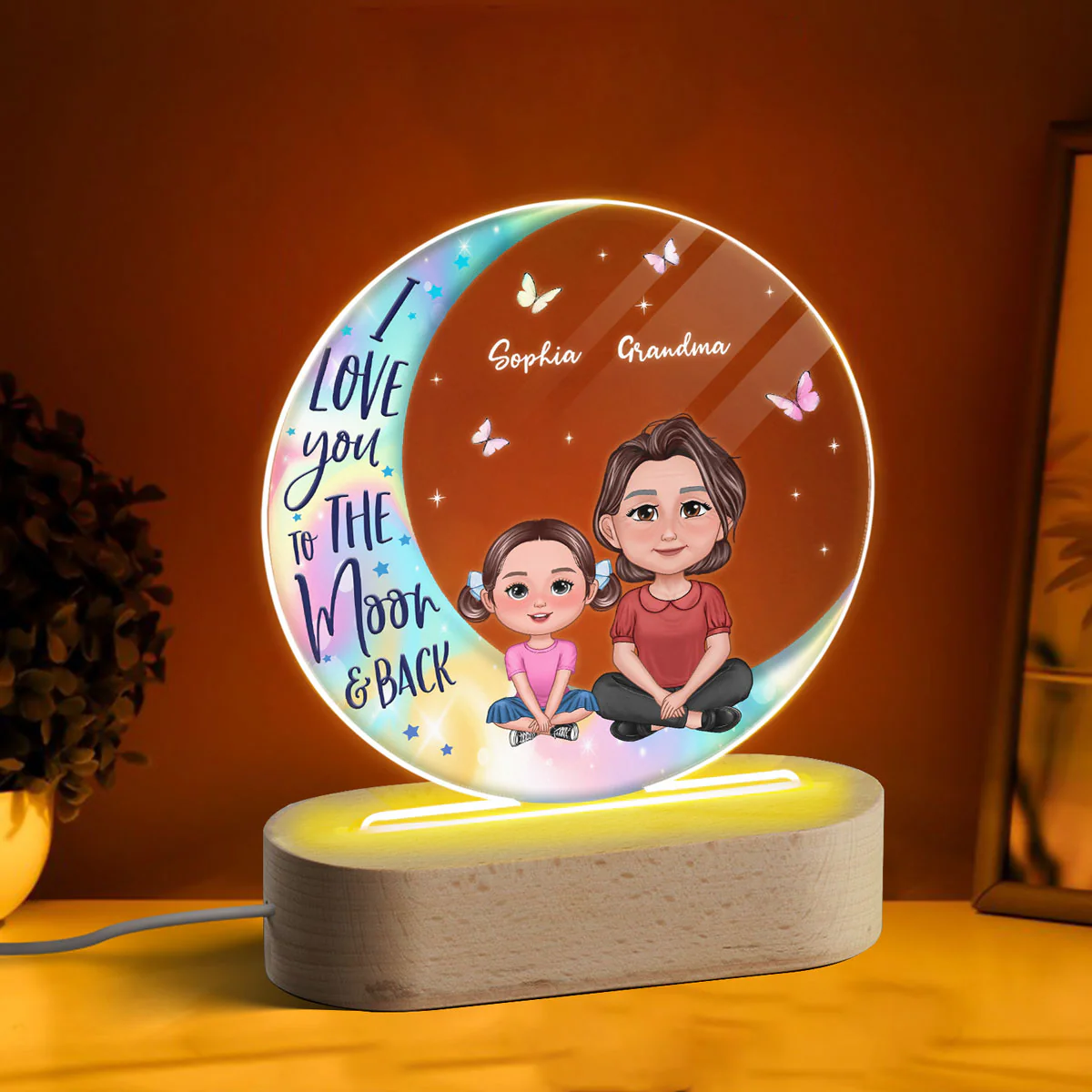 Pretty Doll Grandma Grankids On Moon Personalized Acrylic Circle LED Night Light - Image 3