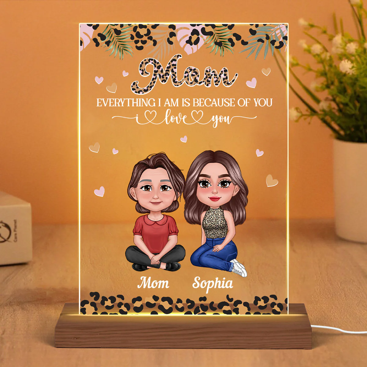 Pretty Doll Leopard Mom Daughters Personalized Acrylic LED Night Light