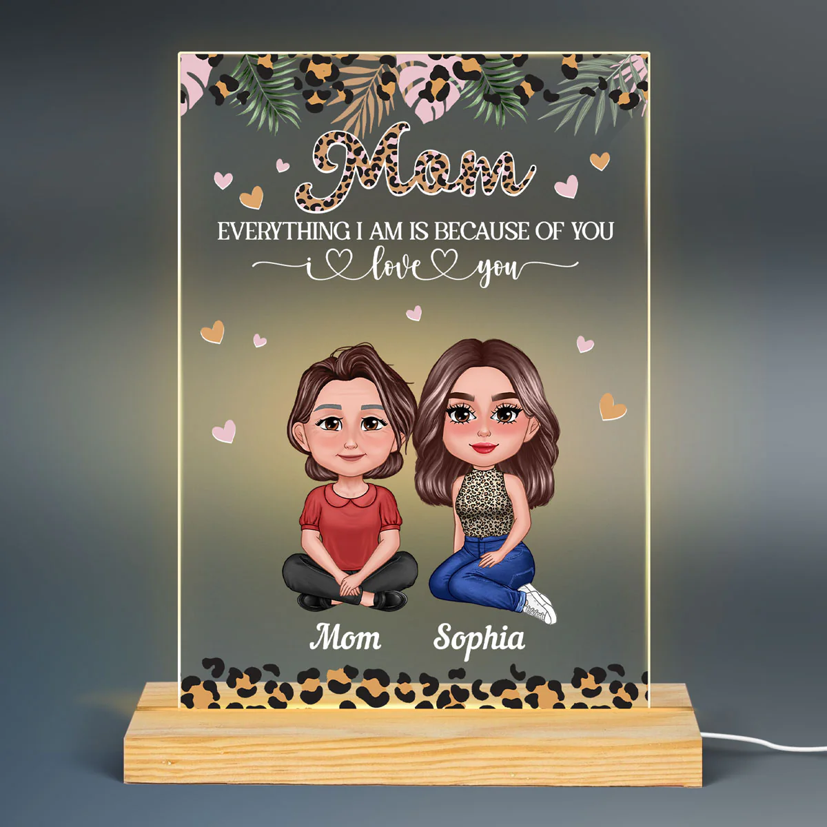 Pretty Doll Leopard Mom Daughters Personalized Acrylic LED Night Light - Image 2