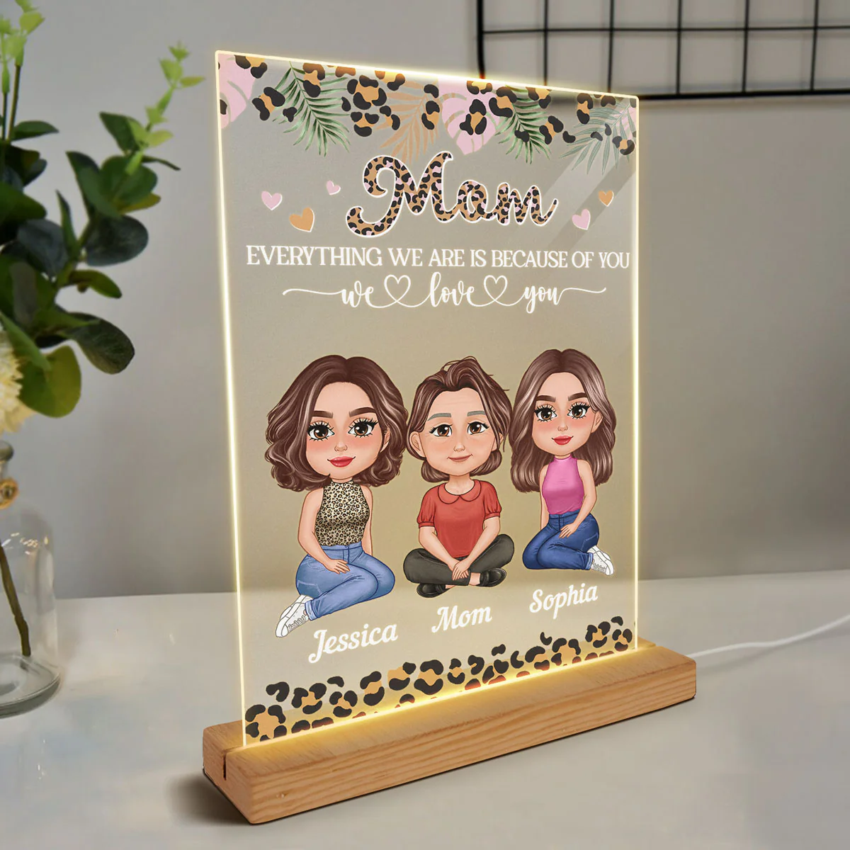 Pretty Doll Leopard Mom Daughters Personalized Acrylic LED Night Light - Image 3
