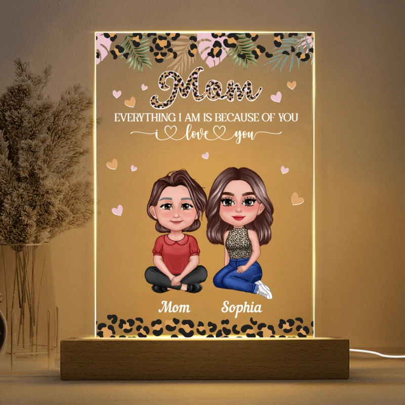 Pretty Doll Leopard Mom Daughters Personalized Acrylic LED Night Light - Image 4