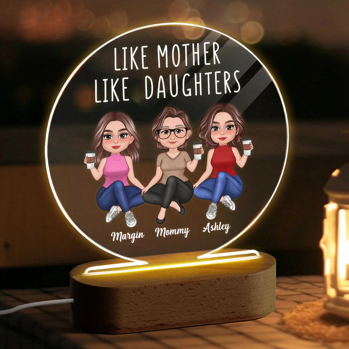 Pretty Doll Like Mother Like Daughter Sitting - Mother‘s Day Gift - Personalized Acrylic Circle LED Night Light - Image 3