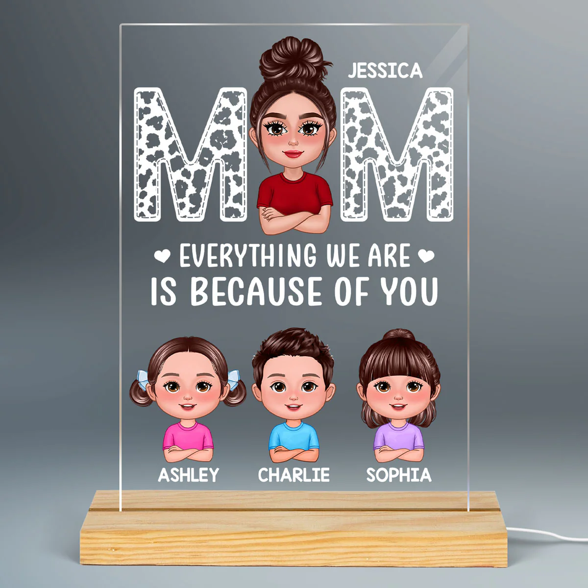 Pretty Doll Mom And Kids Leopard Personalized Rectangle Acrylic LED Night Light - Image 2