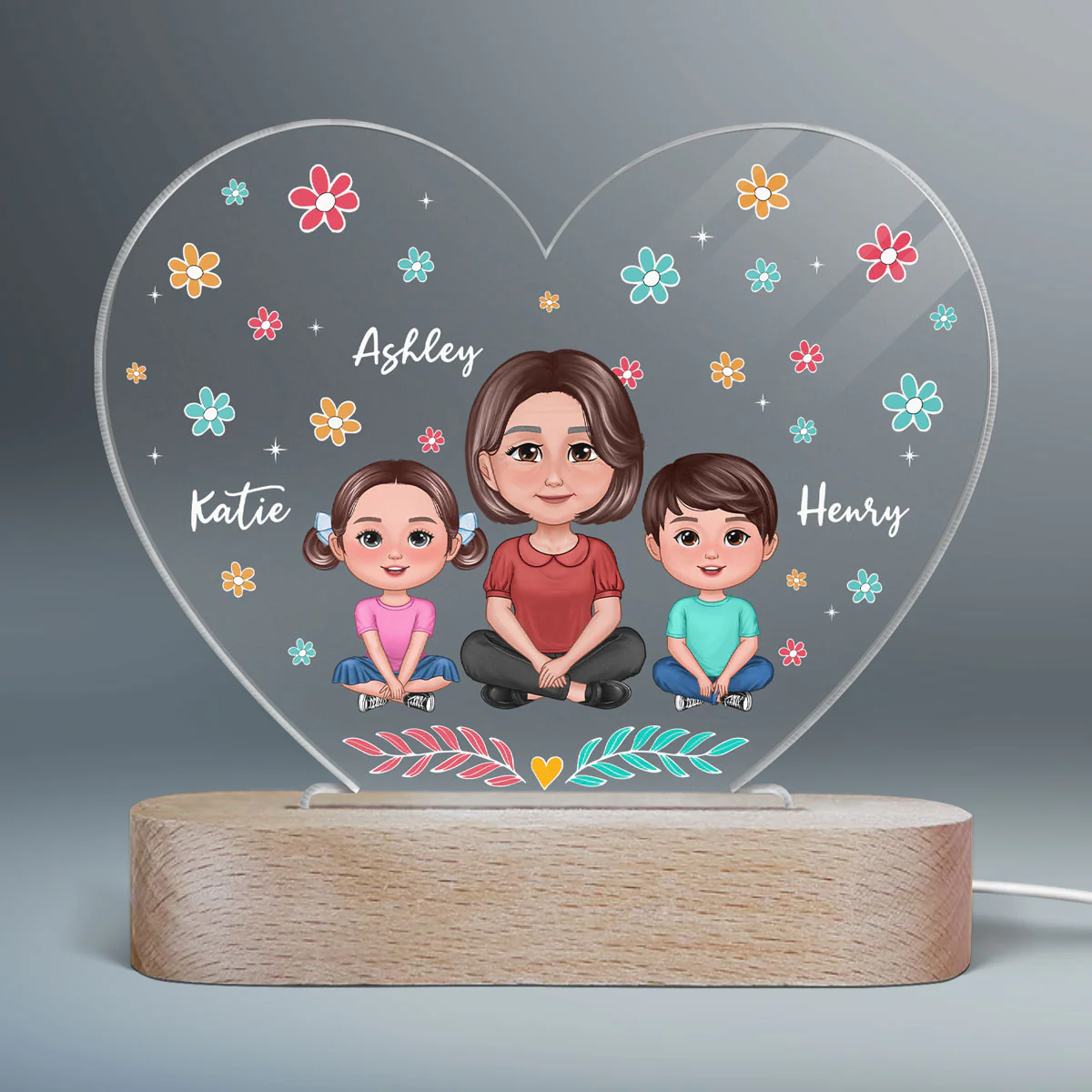 Pretty Doll Mom Grandma And Kids Flowers Personalized Heart Acrylic LED Night Light - Image 2