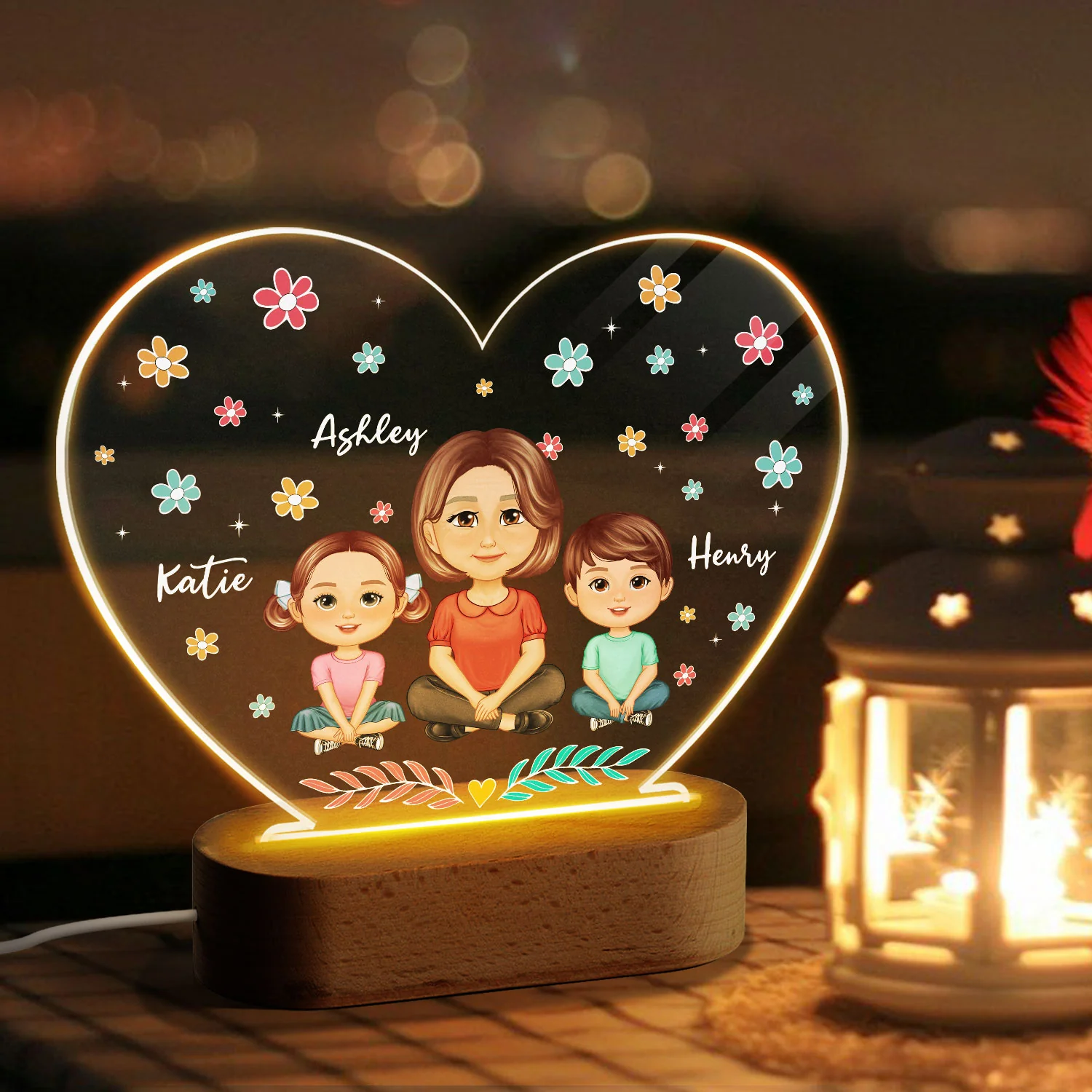 Pretty Doll Mom Grandma And Kids Flowers Personalized Heart Acrylic LED Night Light - Image 3