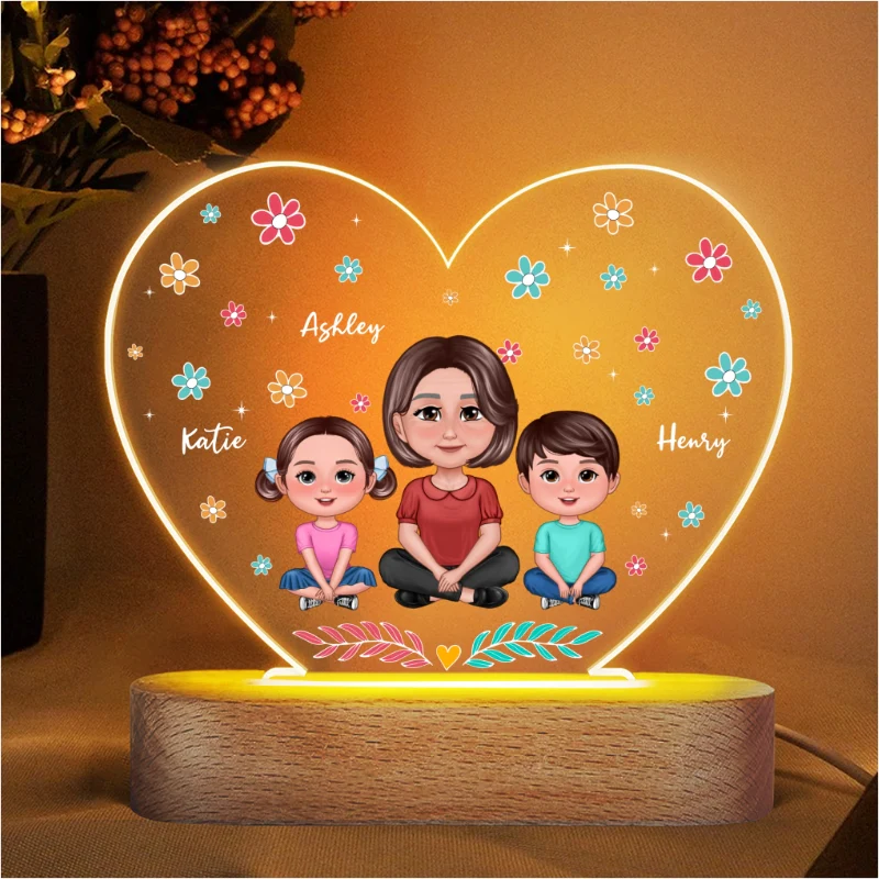 Pretty Doll Mom Grandma And Kids Flowers Personalized Heart Acrylic LED Night Light - Image 4