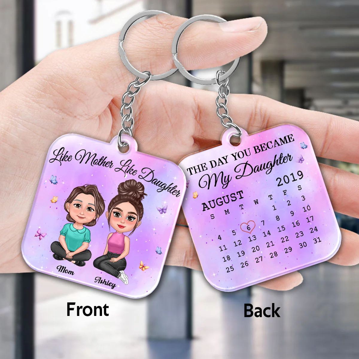 Pretty Doll Mother And Daughter Calendar Date Personalized Acrylic Keychain - Image 2