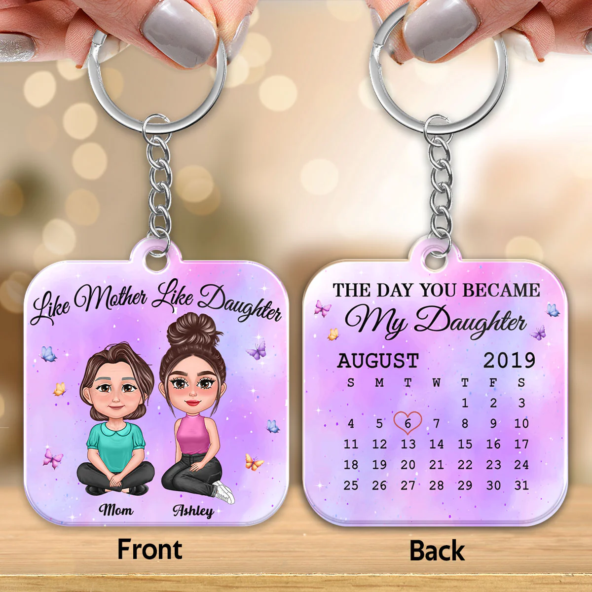 Pretty Doll Mother And Daughter Calendar Date Personalized Acrylic Keychain - Image 3