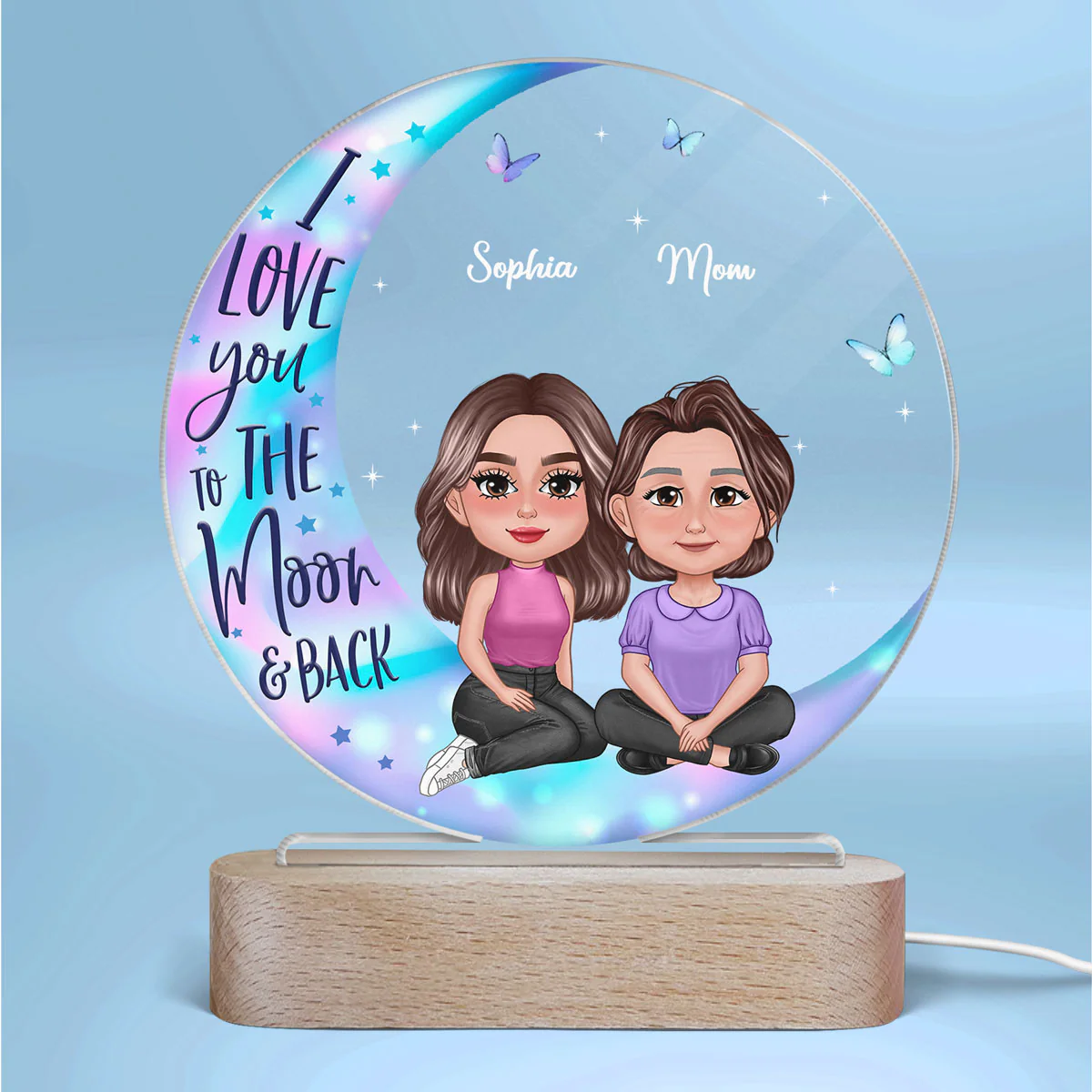 Pretty Doll Mother Daughter Sitting On Moon Personalized Circle Plaque LED Night Light - Image 2