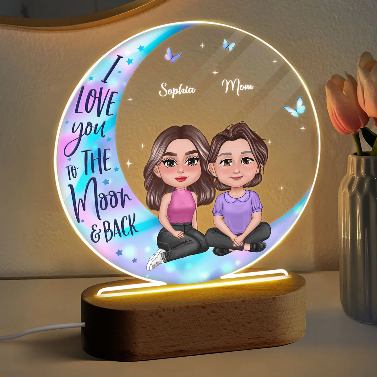 Pretty Doll Mother Daughter Sitting On Moon Personalized Circle Plaque LED Night Light - Image 3