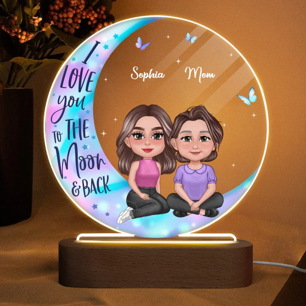 Pretty Doll Mother Daughter Sitting On Moon Personalized Circle Plaque LED Night Light - Image 4