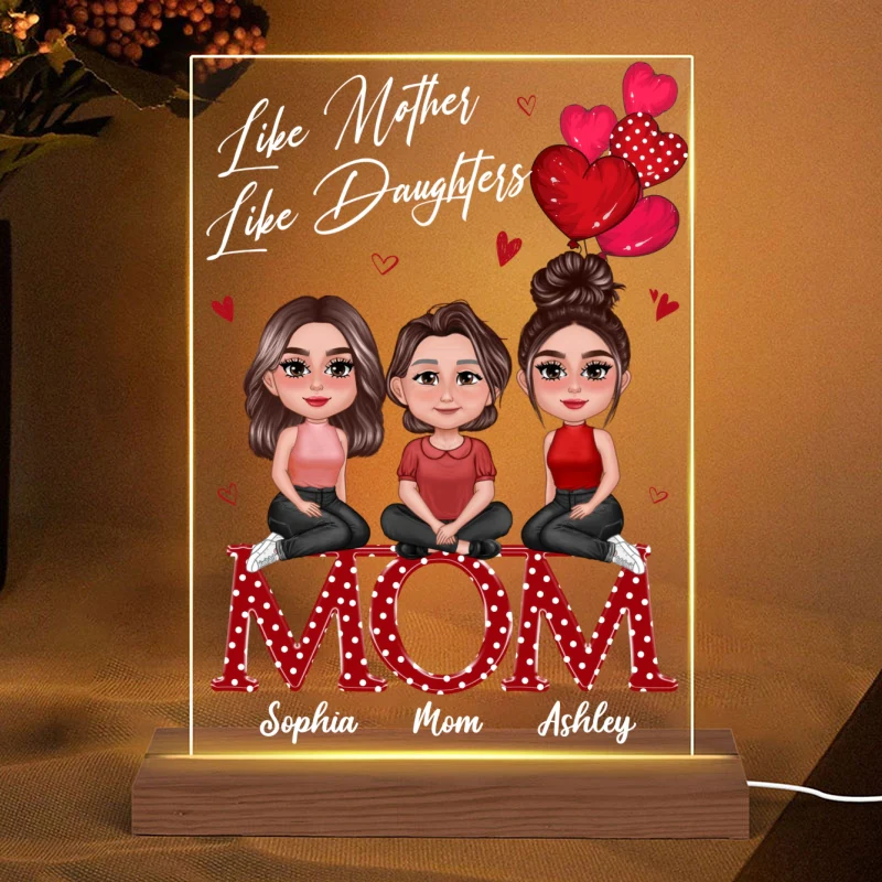 Pretty Doll Mother Daughter Sitting On Text Red Hearts Personalized Acrylic LED Night Light - Image 4