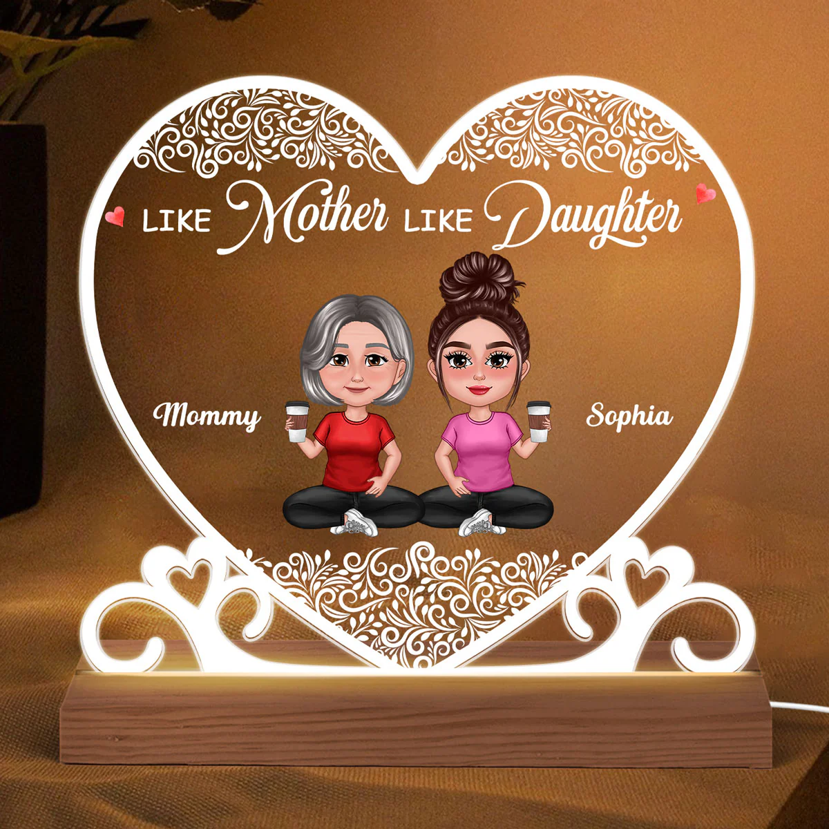 Pretty Doll Mother Daughters Heart Swirl Personalized Acrylic Custom Shape LED Night Light - Image 2