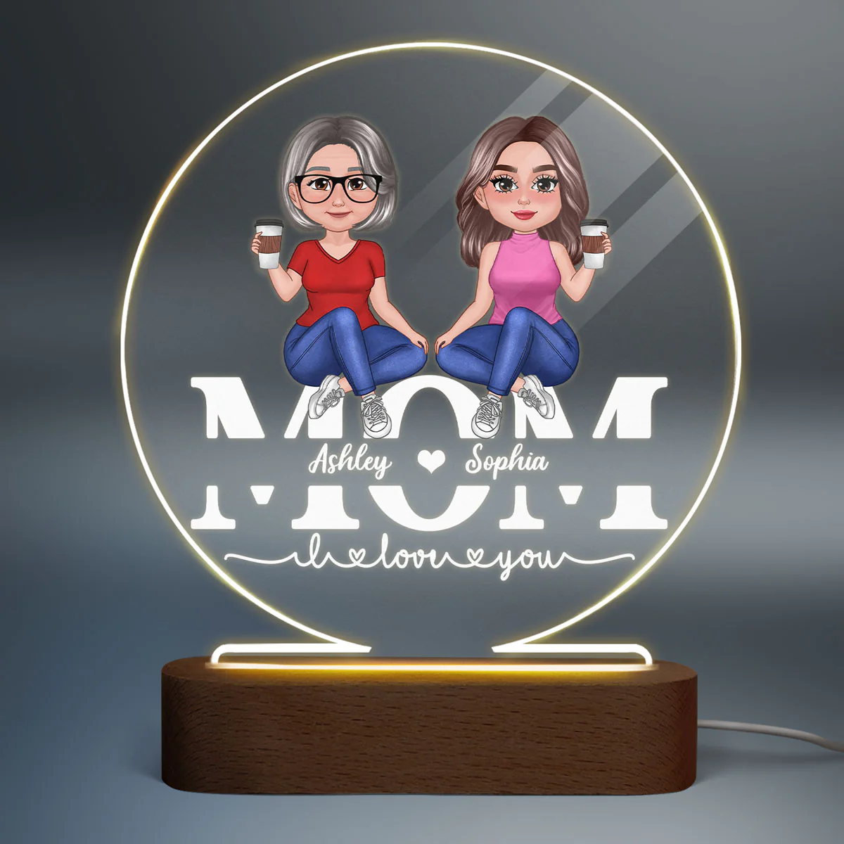 Pretty Doll Mother Daughters Sitting On Text Personalized Acrylic Circle LED Night Light - Image 2