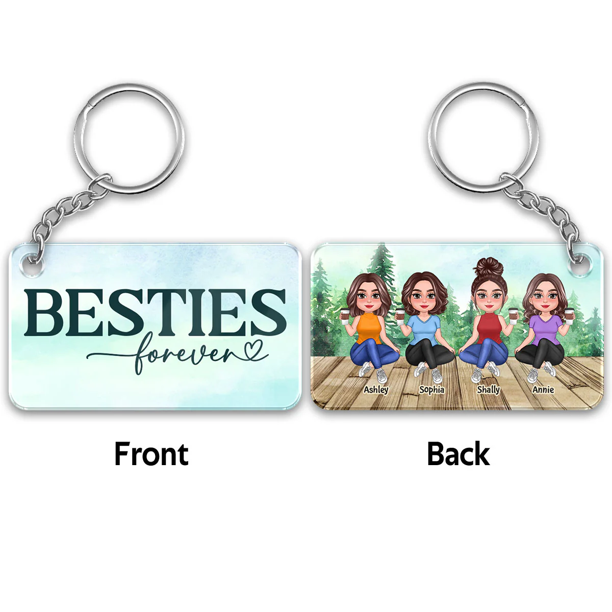 Pretty Doll Sisters Besties Sitting Forest Personalized Acrylic Keychain