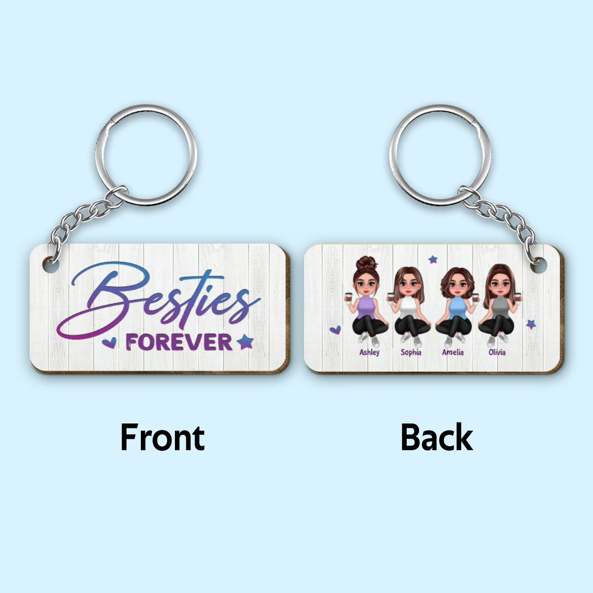 Pretty Doll Sitting Best Friends Sisters Personalized Wooden Keychain - Image 4