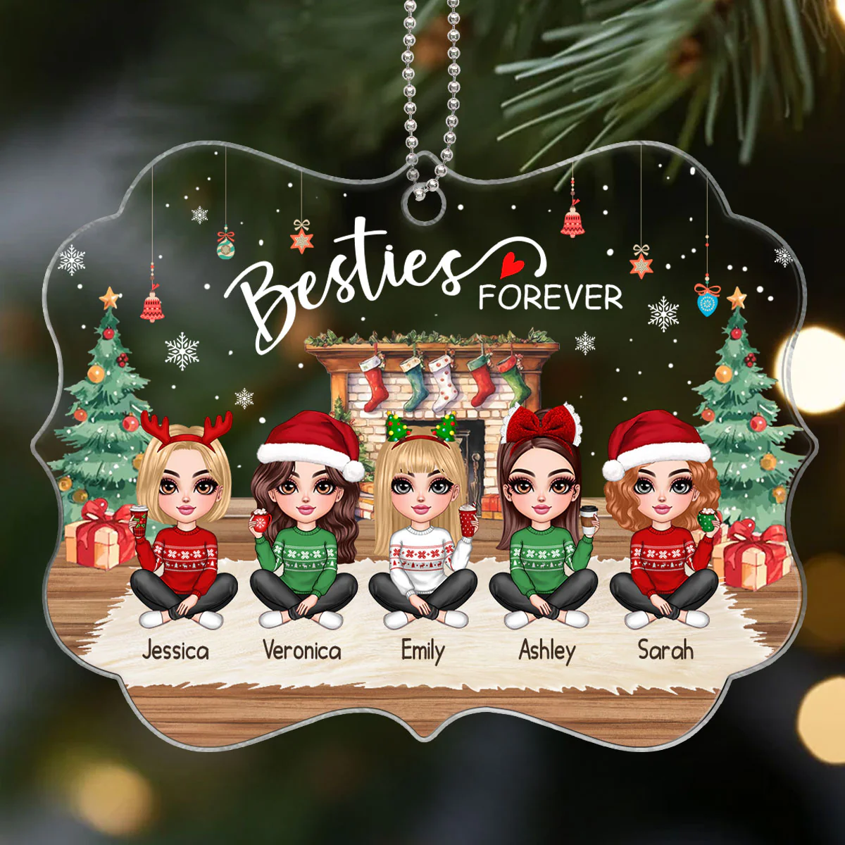 Pretty Friends Sisters Besties At Fireplace Personalized Acrylic Ornament, Christmas Gift