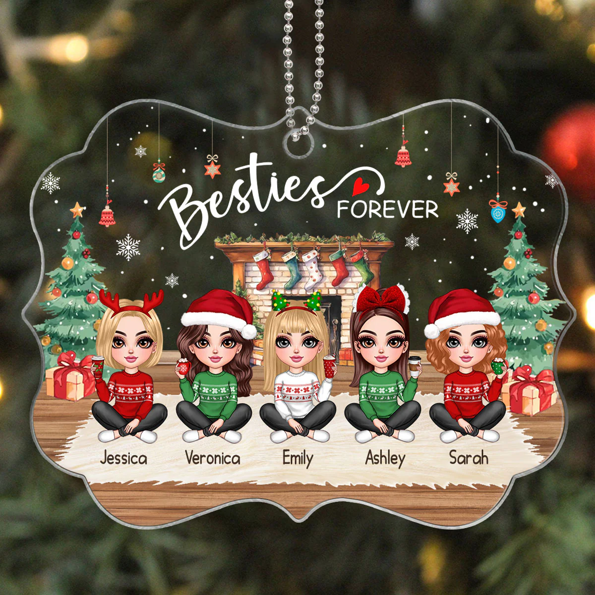 Pretty Friends Sisters Besties At Fireplace Personalized Acrylic Ornament, Christmas Gift - Image 2