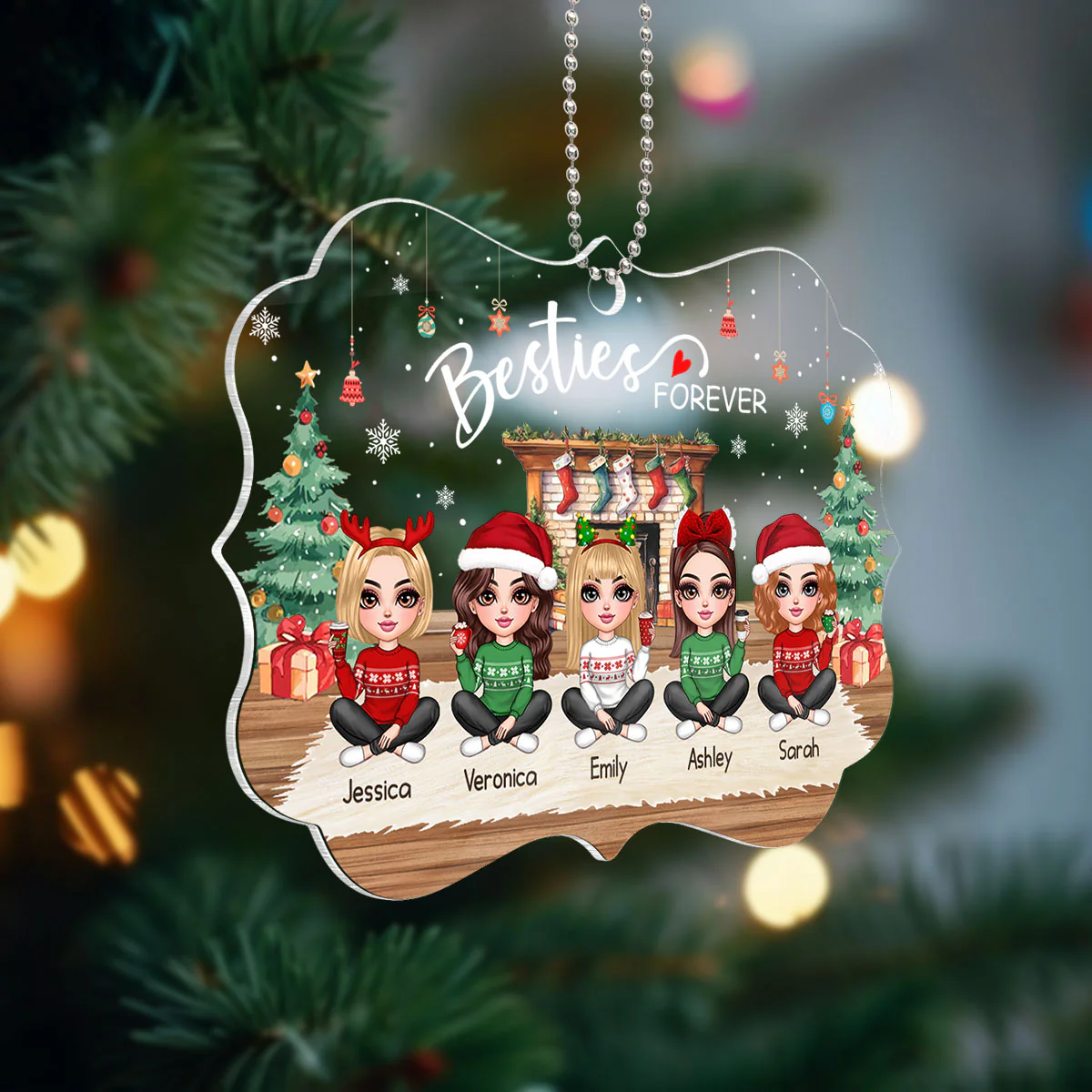 Pretty Friends Sisters Besties At Fireplace Personalized Acrylic Ornament, Christmas Gift - Image 3