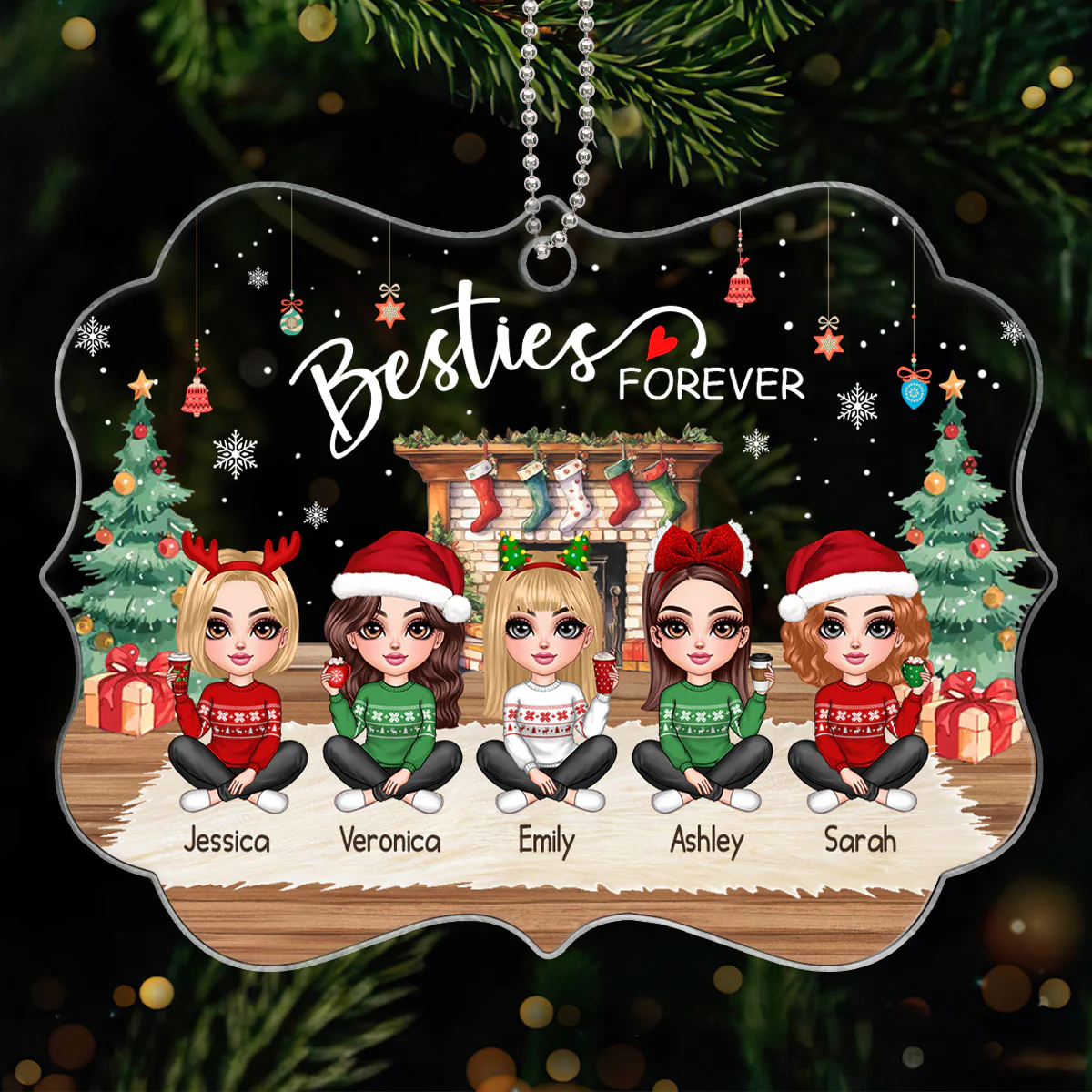 Pretty Friends Sisters Besties At Fireplace Personalized Acrylic Ornament, Christmas Gift - Image 4