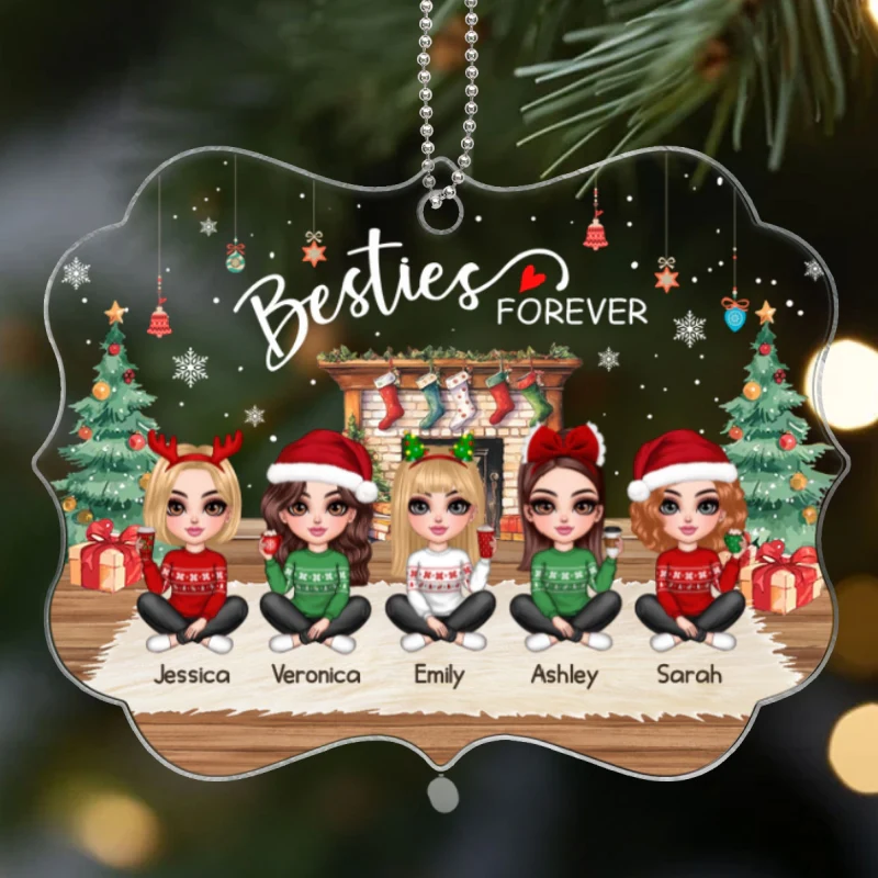 Pretty Friends Sisters Besties At Fireplace Personalized Acrylic Ornament, Christmas Gift - Image 6