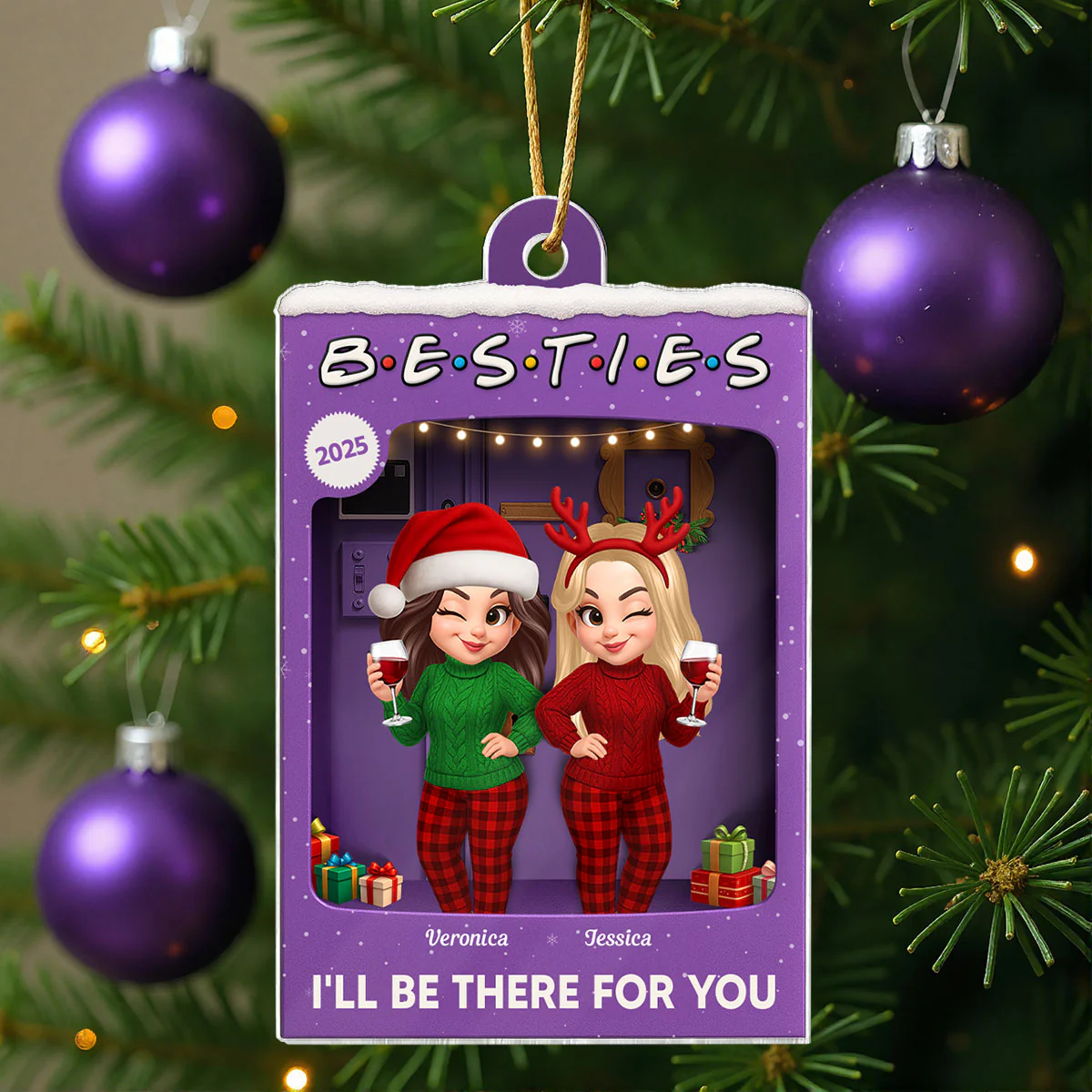 3D Effect Pretty Girl Best Friends Purple Toy Box Style - Personalized Acrylic Ornament - Christmas Gift For Besties - Image 3