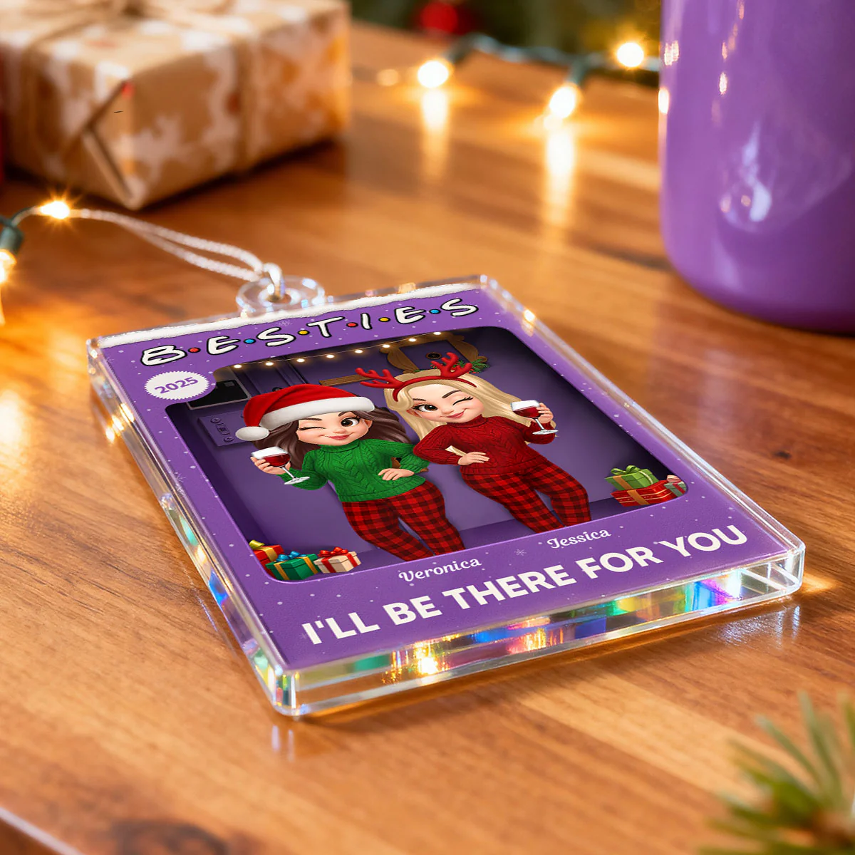 3D Effect Pretty Girl Best Friends Purple Toy Box Style - Personalized Acrylic Ornament - Christmas Gift For Besties - Image 5