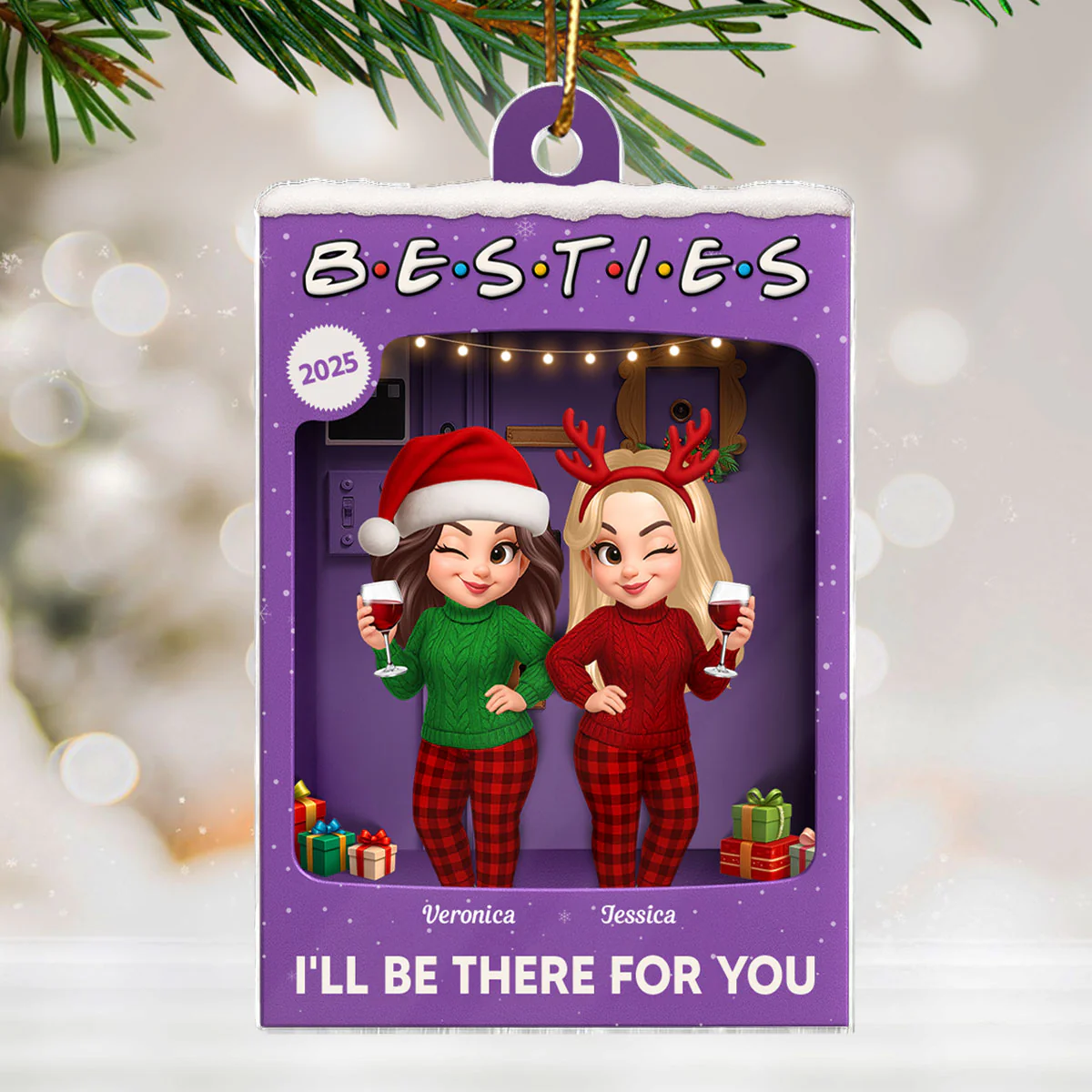 3D Effect Pretty Girl Best Friends Purple Toy Box Style - Personalized Acrylic Ornament - Christmas Gift For Besties - Image 9