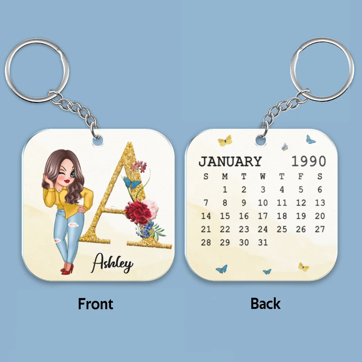 Pretty Girl Doll Woman Birthday Calendar Date Initial & Name Personalized Acrylic Keychain - Image 4