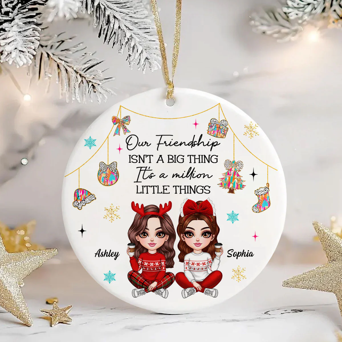 Pretty Girls Friendship Million Little Things Colorful Dalmatian Pattern Personalized Circle Ceramic Ornament - Image 2