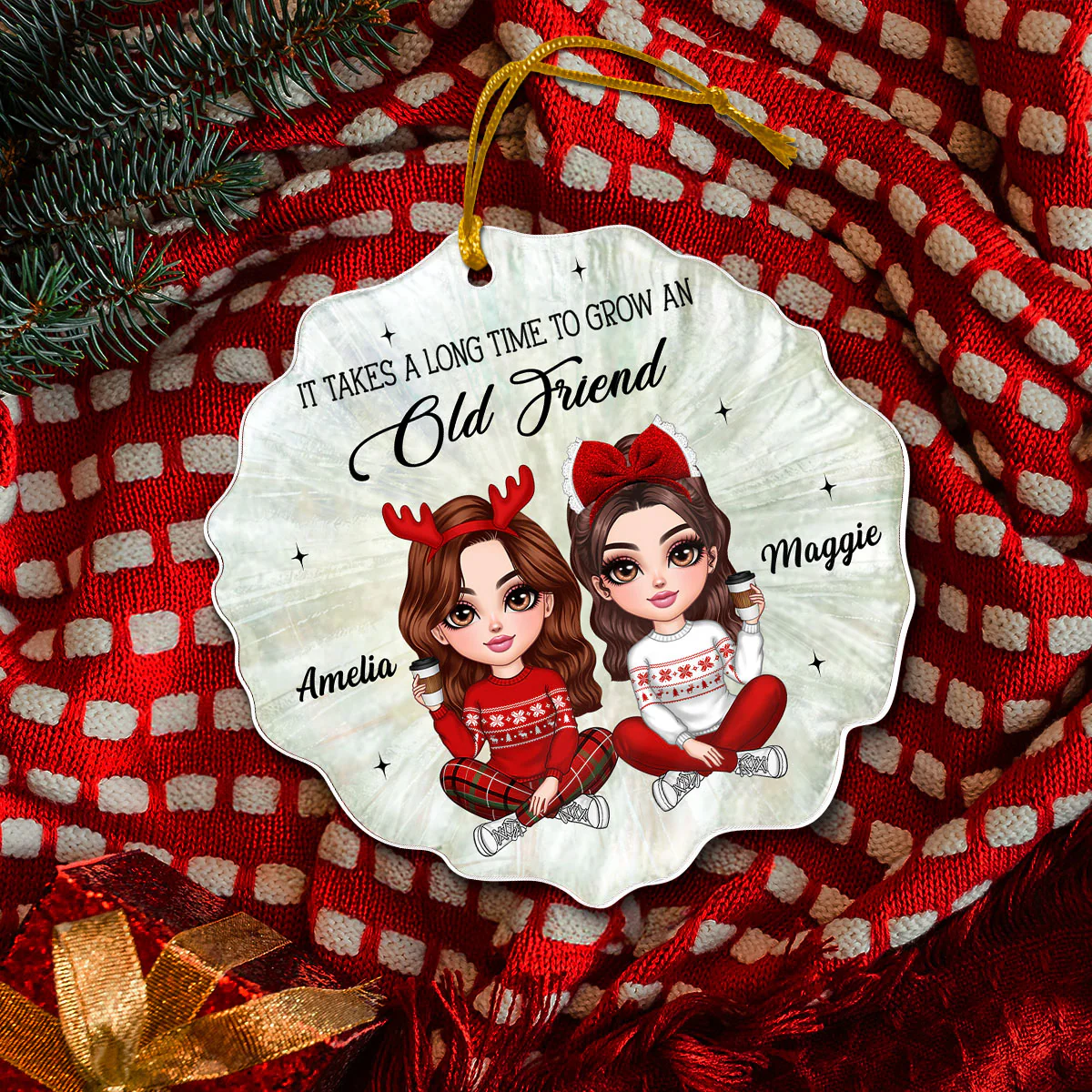Pretty Girls Seashell Pearl Pattern Besties Sisters Personalized Acrylic Ornament - Image 4