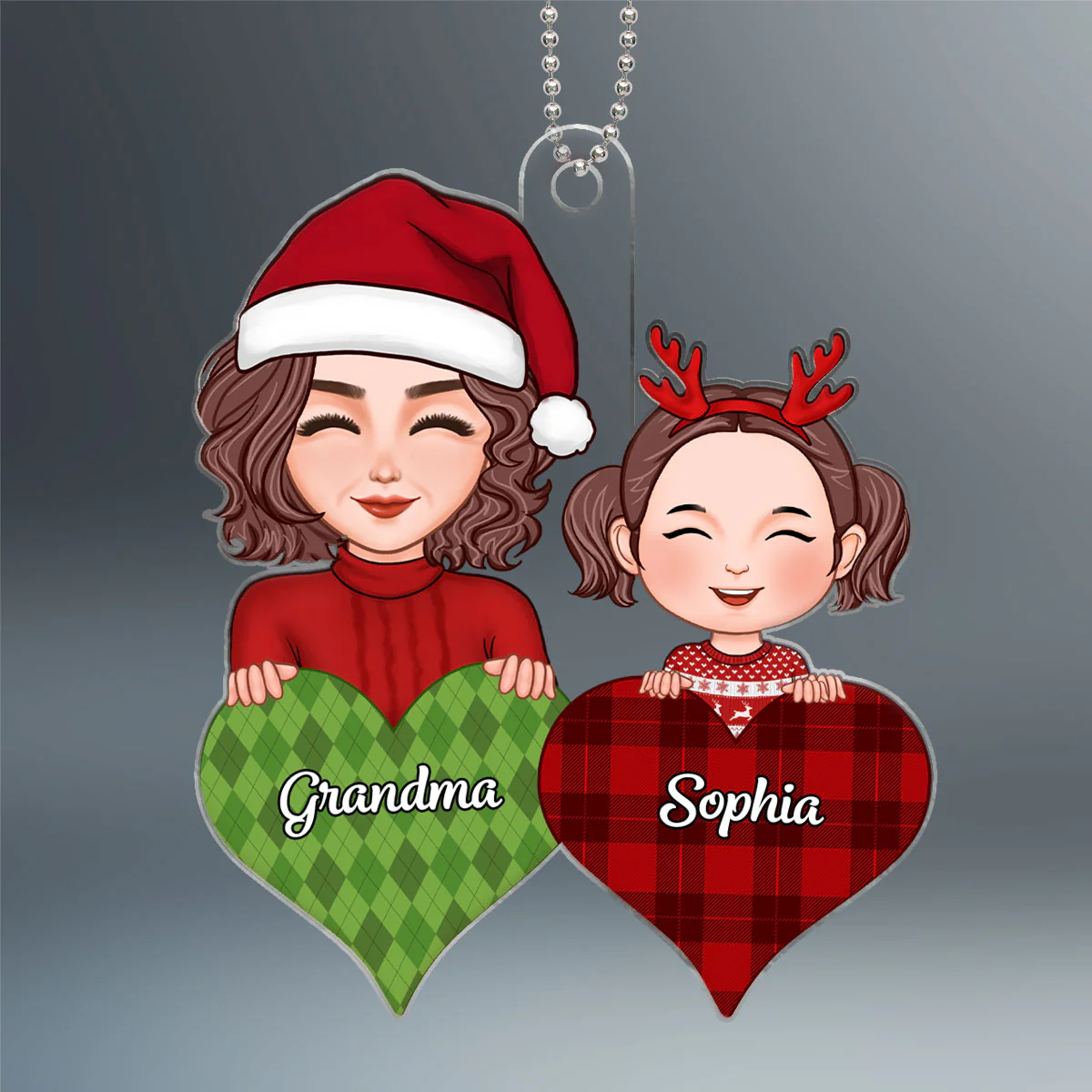 Pretty Grandma & Grandkid Peeking On Pattern Heart Christmas Gift For Grandson Granddaughter Personalized Acrylic Ornament - Image 2
