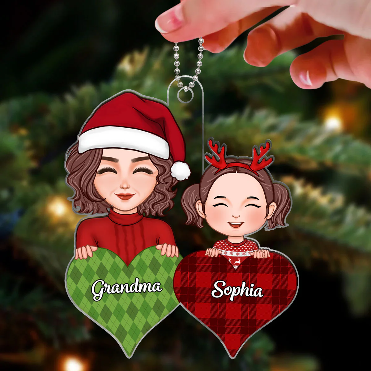 Pretty Grandma & Grandkid Peeking On Pattern Heart Christmas Gift For Grandson Granddaughter Personalized Acrylic Ornament - Image 3