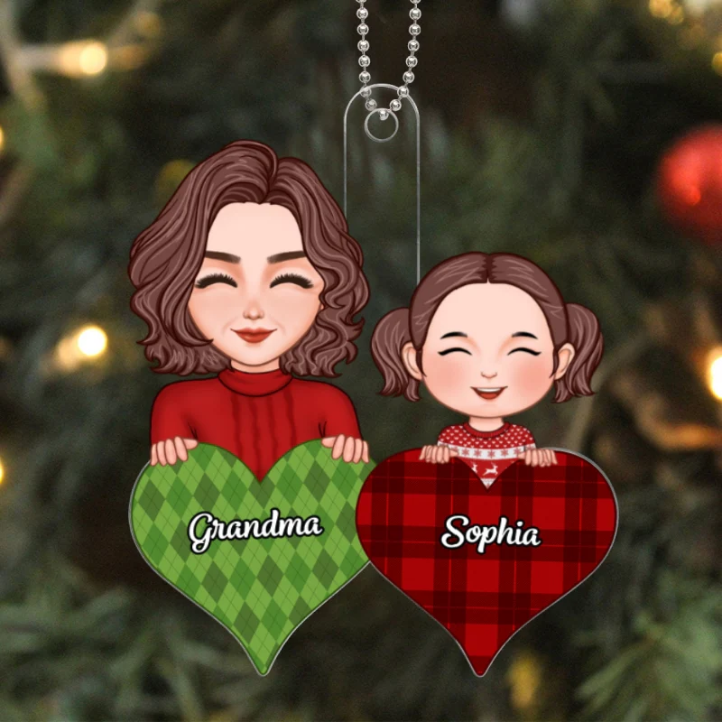 Pretty Grandma & Grandkid Peeking On Pattern Heart Christmas Gift For Grandson Granddaughter Personalized Acrylic Ornament - Image 5