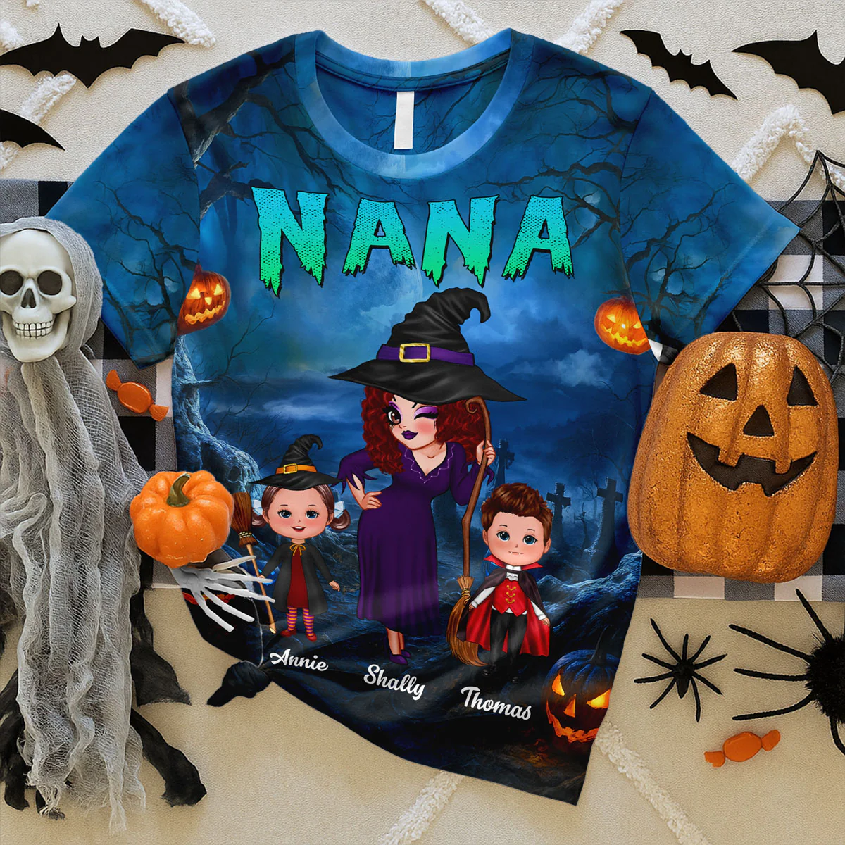 Pretty Grandma Witch & Kids In Halloween Night Personalized Shirt, Halloween Costume for Grandma - Image 3