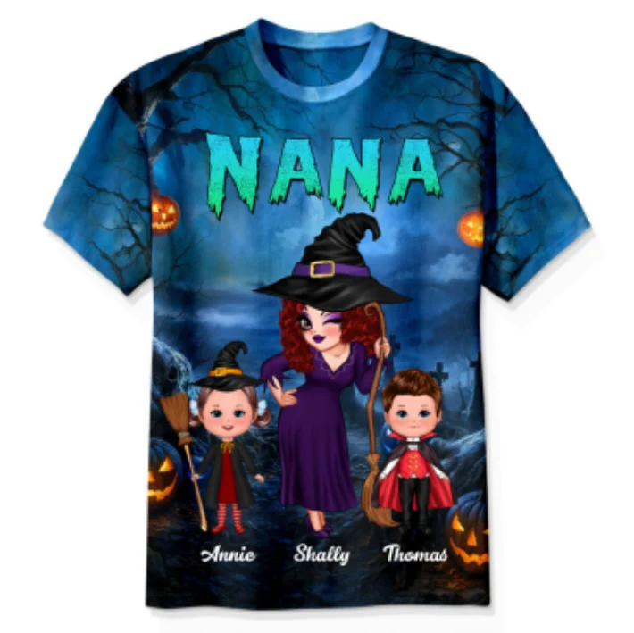 Pretty Grandma Witch & Kids In Halloween Night Personalized Shirt, Halloween Costume for Grandma - Image 9