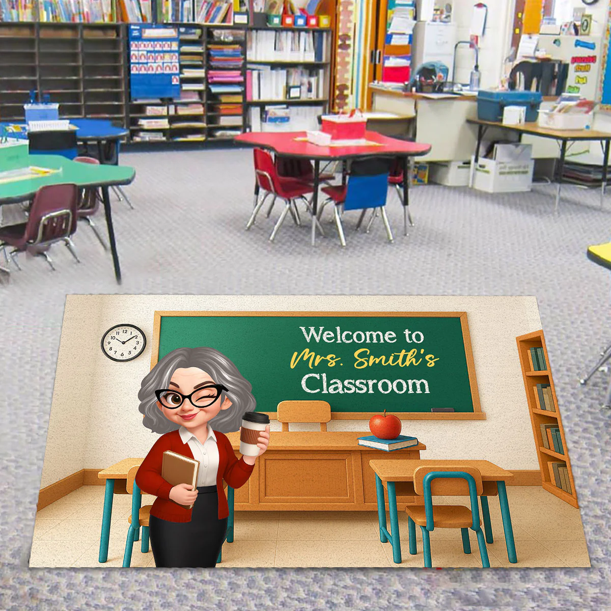 Pretty Teacher In Classroom 3D Effect Background Personalized Doormat, Back To School Decoration - Image 4