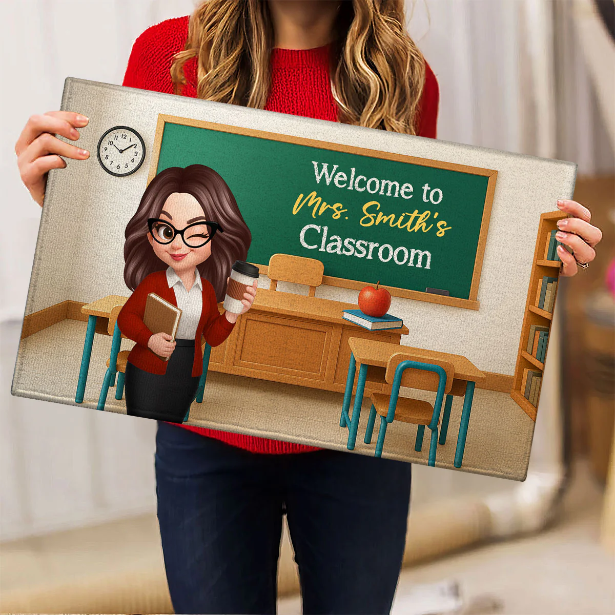 Pretty Teacher In Classroom 3D Effect Background Personalized Doormat, Back To School Decoration - Image 5