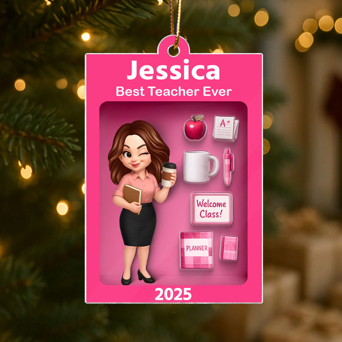 Pretty Teacher In Toy Box 3D Effect - Personalized Acrylic Ornament -Special Christmas Gift For Teacher For Co-workers - Image 2