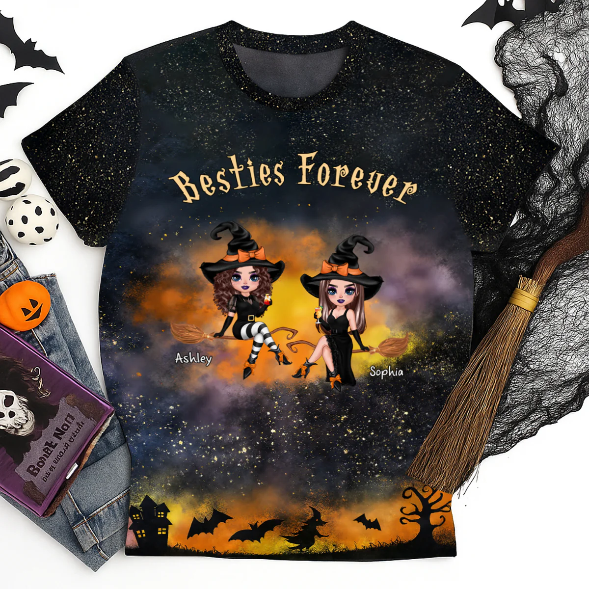 Pretty Witch Besties Witchy Ombre Tie-Dye Pattern Personalized Shirt, Perfect Halloween Matching Costume for Besties - Image 8
