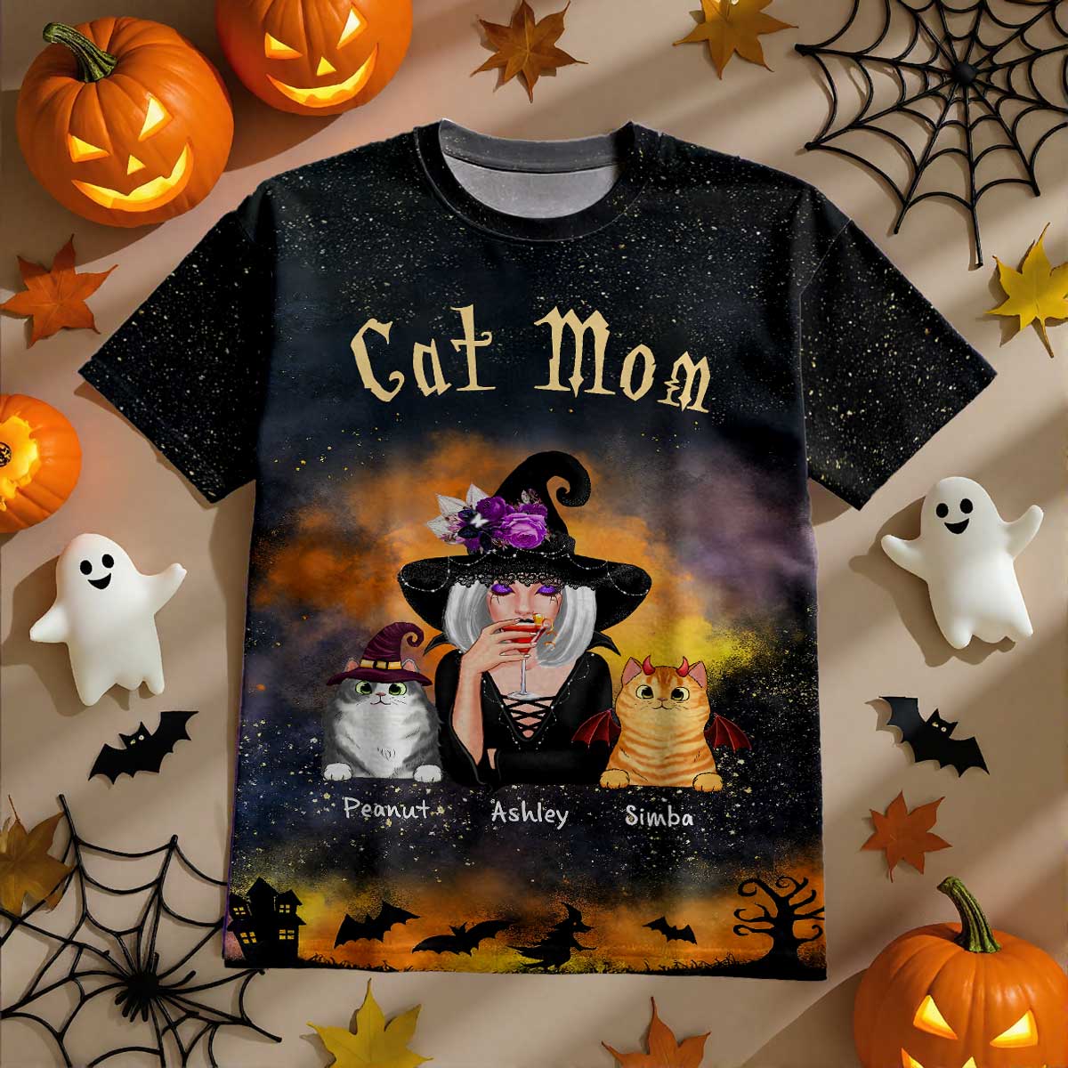 Pretty Witch Cat Mom Witchy Ombre Tie-Dye Pattern Personalized Shirt, Purrfect Costume for Cat Lover - Image 3