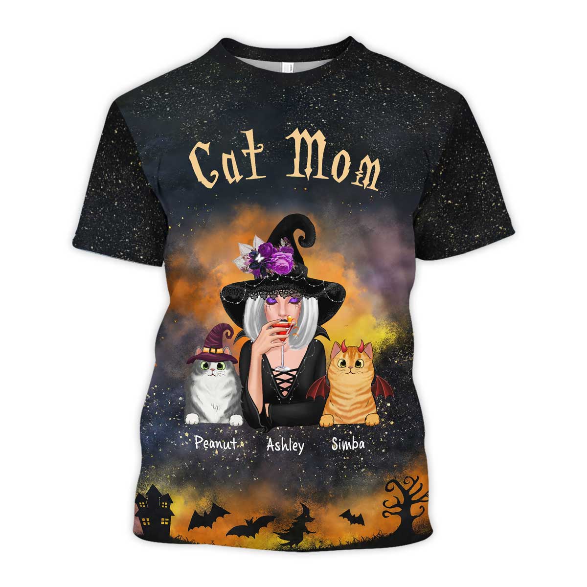 Pretty Witch Cat Mom Witchy Ombre Tie-Dye Pattern Personalized Shirt, Purrfect Costume for Cat Lover - Image 4