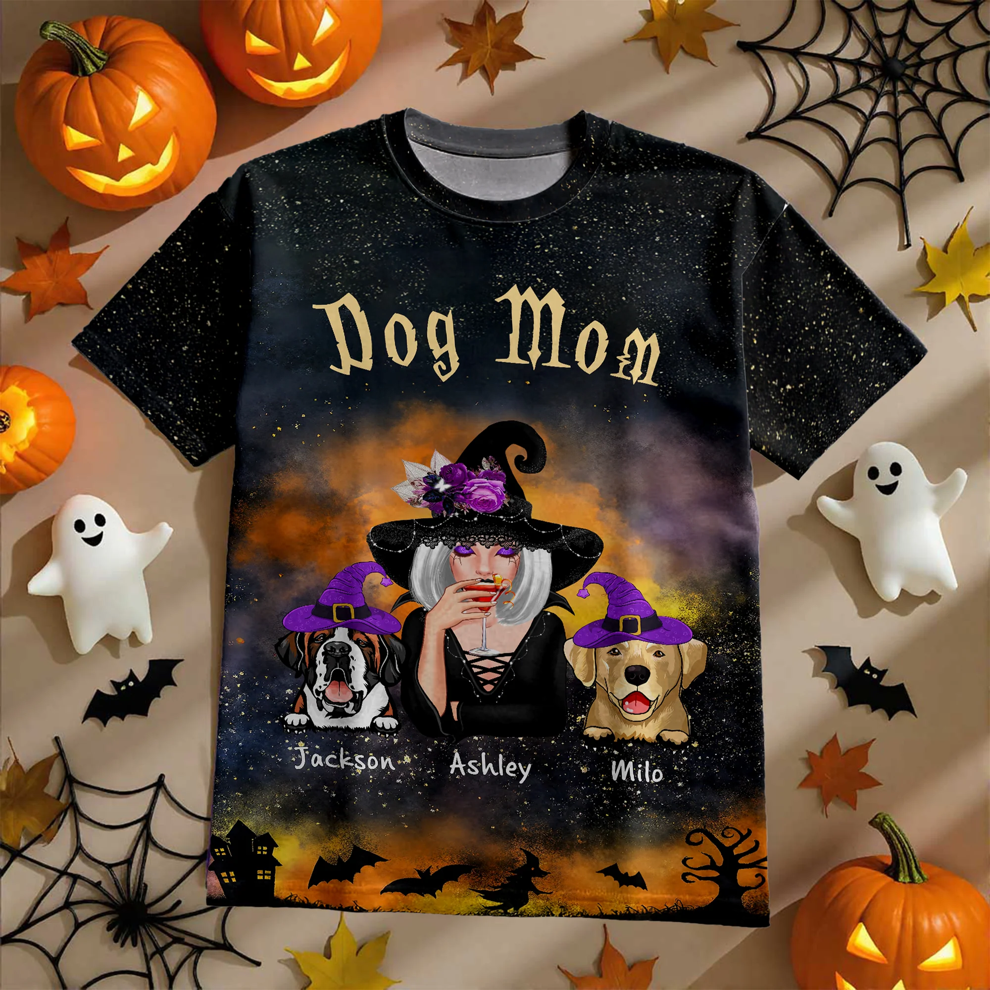 Pretty Witch Dog Mom Witchy Ombre Tie-Dye Pattern Personalized Shirt, Pawfect Costume for Dog Lover - Image 3